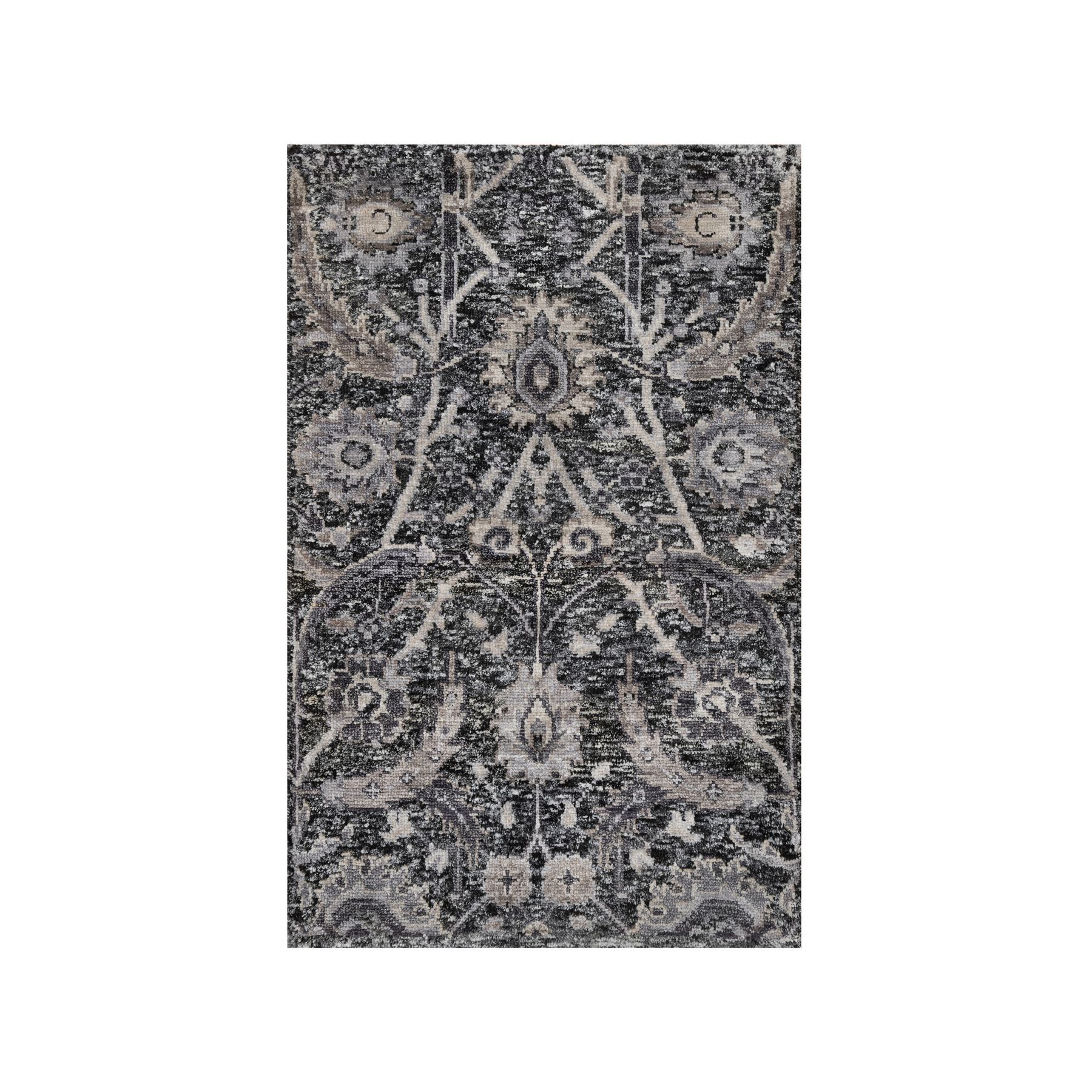 2'x3' Charcoal Black, Hand Knotted Sickle Leaf Design With Essence Of Black, Soft Pile, Wool and Silk, Mat Oriental Rug 